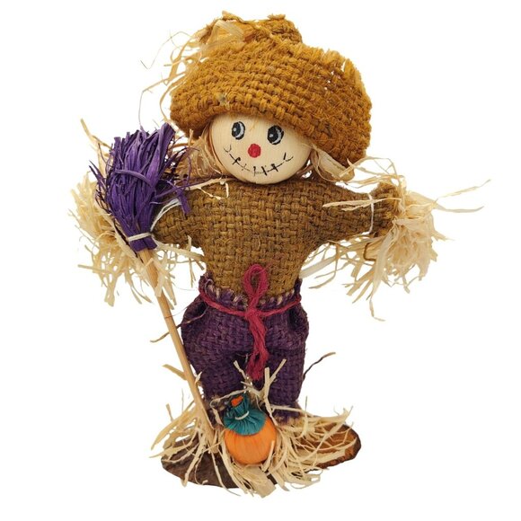 Scarecrow Figure Handmade Fall 7.5 In Wood Base Halloween Pumpkin Harvest Decor - Picture 1 of 15